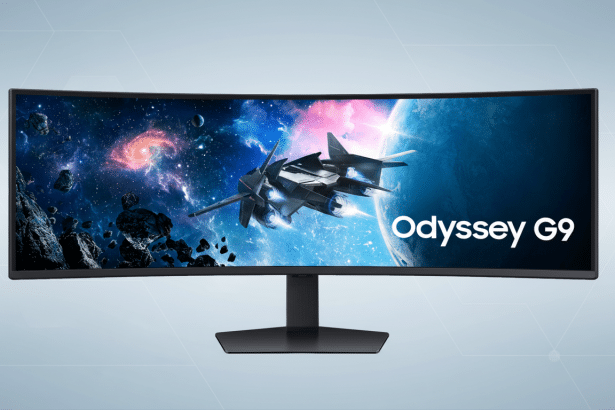 A professional shot of a Samsung Odyssey G9 curved gaming monitor, displaying a spaceship in outer space, against a clean , light blue and gray gradient background with subtle hexagonal patterns. Filename : samsungod ysseyg9 monitorprofessional .png