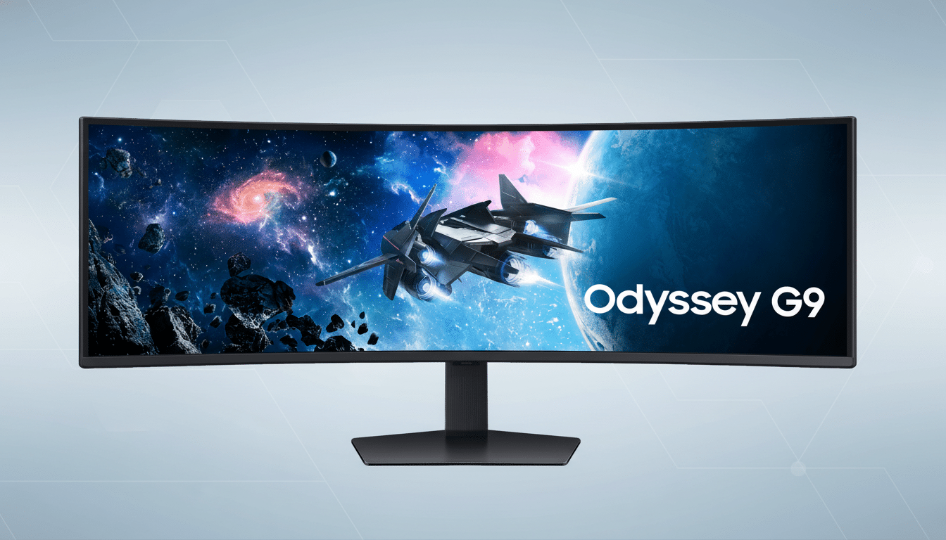 A professional shot of a Samsung Odyssey G9 curved gaming monitor, displaying a spaceship in outer space, against a clean , light blue and gray gradient background with subtle hexagonal patterns. Filename : samsungod ysseyg9 monitorprofessional .png