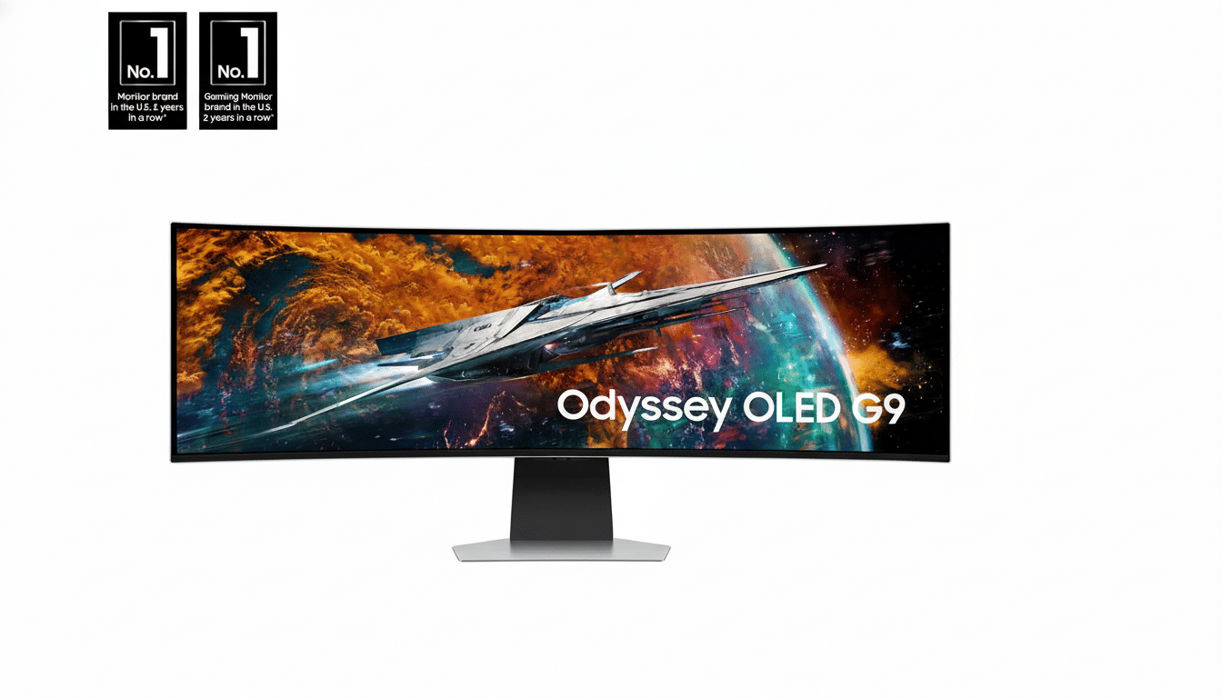 A professional image of the Samsung Odyssey OLED G9 curved gaming monitor, displaying a futuristic spaceship against a vibrant cosmic background. Abov