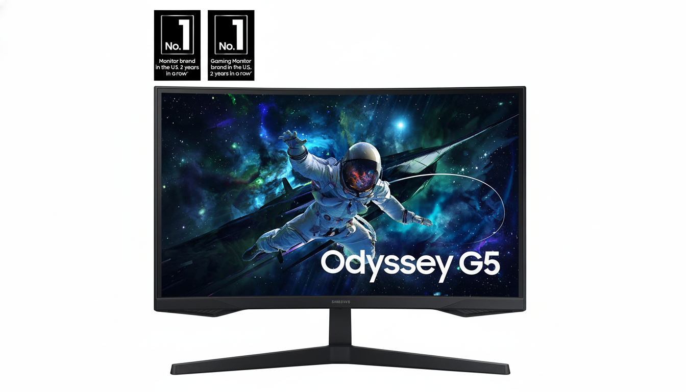 A Samsung Odyssey G5 gaming monitor displaying an astronaut in space, with No. 1 Monitor brand in the U.S. 2 years in a row and No. 1 Gaming Monitor brand in the U.S. 2 years in a row badges at the top.