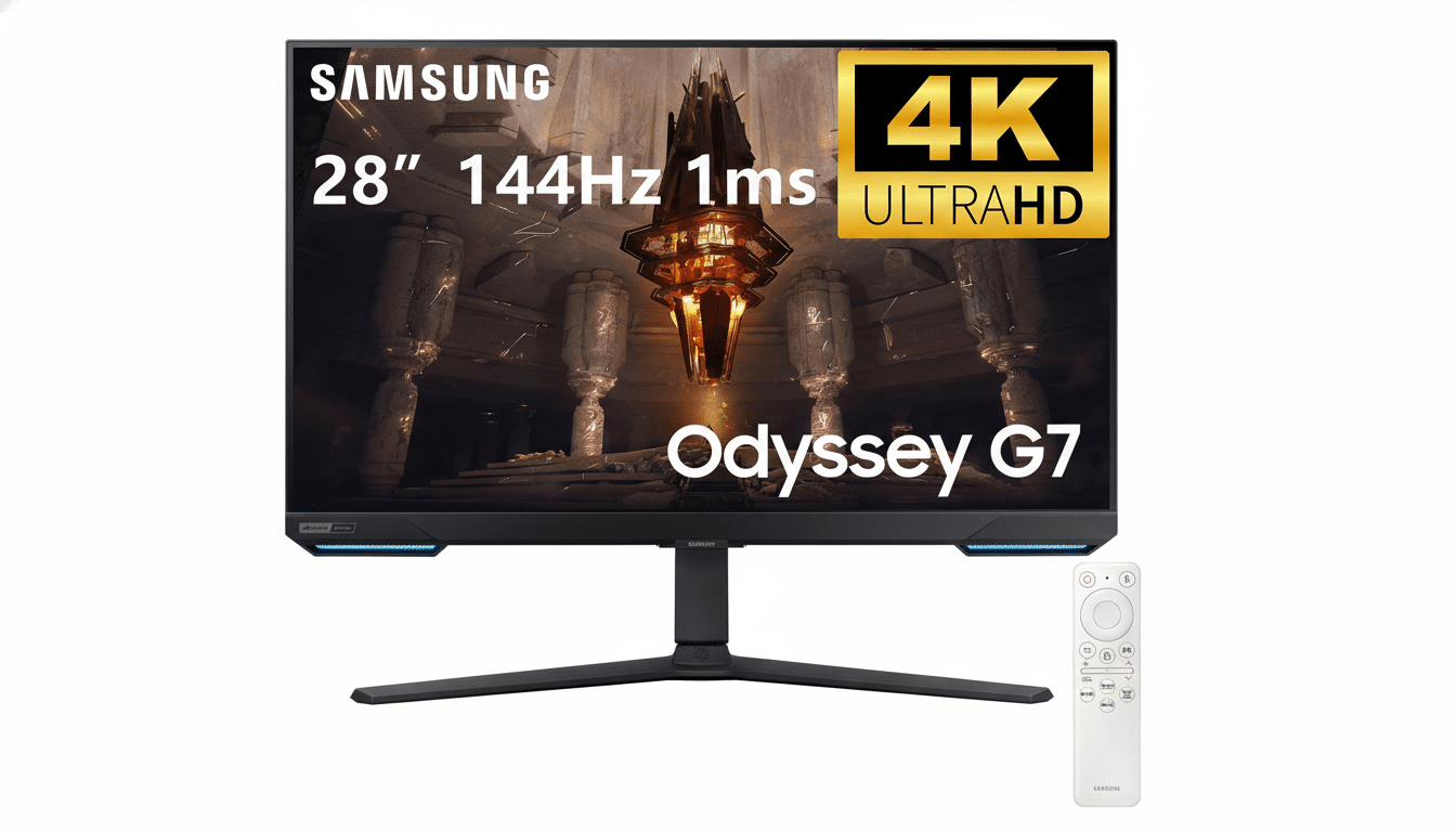 A Samsung Odyssey G7 gaming monitor with a remote control, resized to a 1 6:9 aspect ratio. The screen displays a game scene, and text overlay includes S AMSUNG, 2 8 1 44Hz 1ms, 4K ULTRAHD , and Od yssey G7.