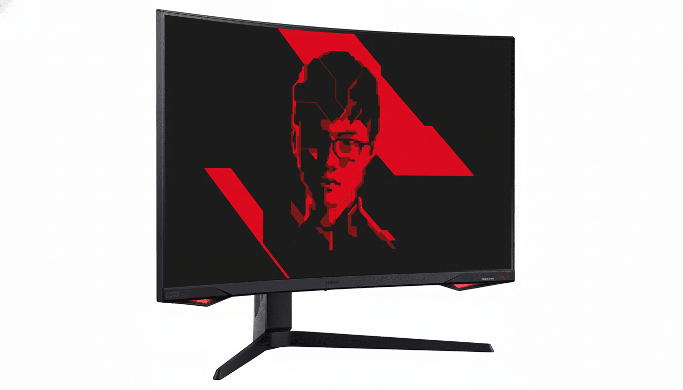 A professional , enhanced image of a curved gaming monitor with a red and black graphic of a person 's face on the screen, presented in a 1 6:9 aspect ratio. Filename : curved gamingmonitor 16 9. png