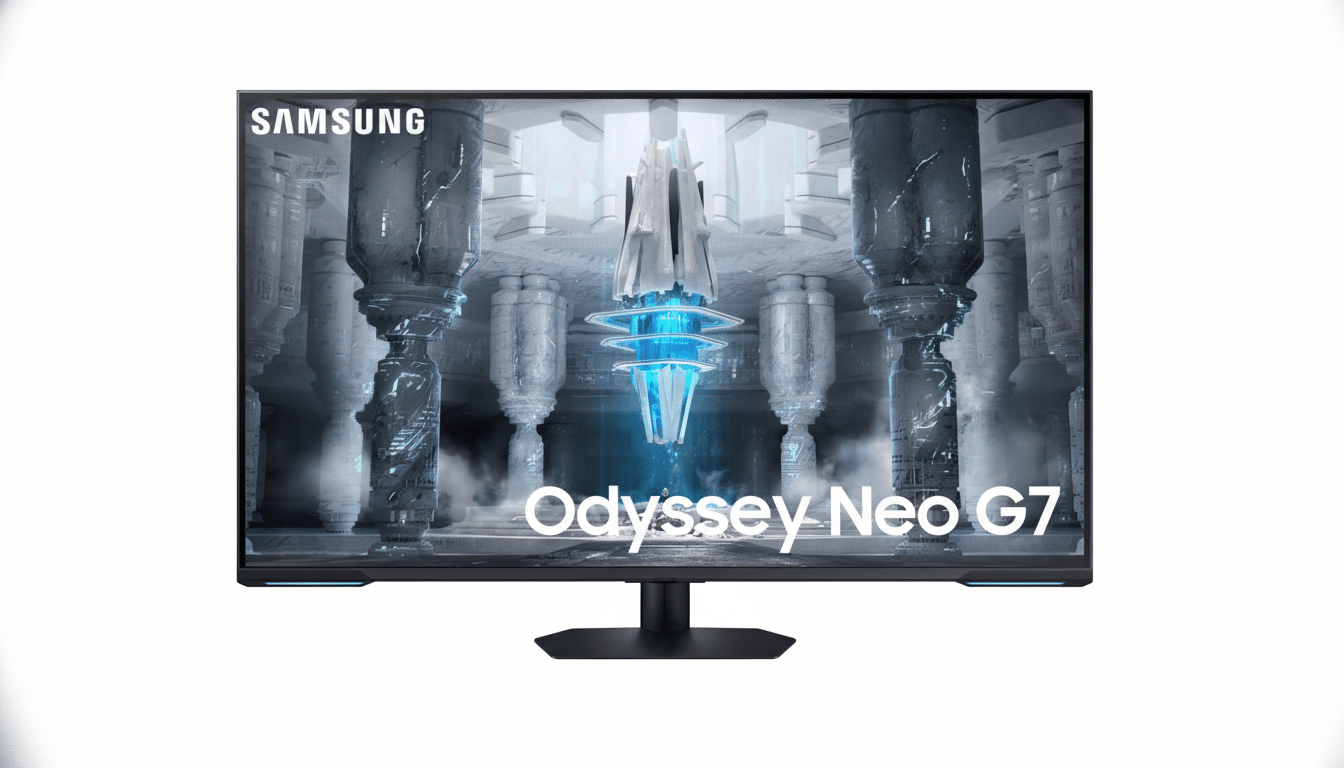 A professional , enhanced image of the Samsung Odyssey Neo G7 monitor with its original display content and a clean white background, resized to a 16: 9 aspect ratio.