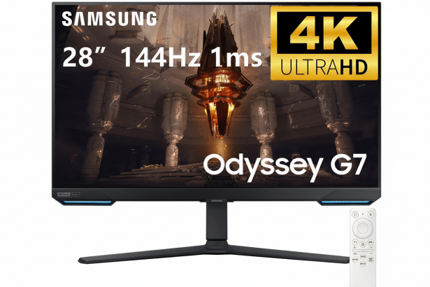 A professional image of the Samsung 28 144Hz 1ms 4K Ultra HD Odyssey G7 gaming monitor with its remote control, presented on a clean white background and resized to a 1 6:9 aspect ratio. Filename : samsungod ysseyg7 monitor. png