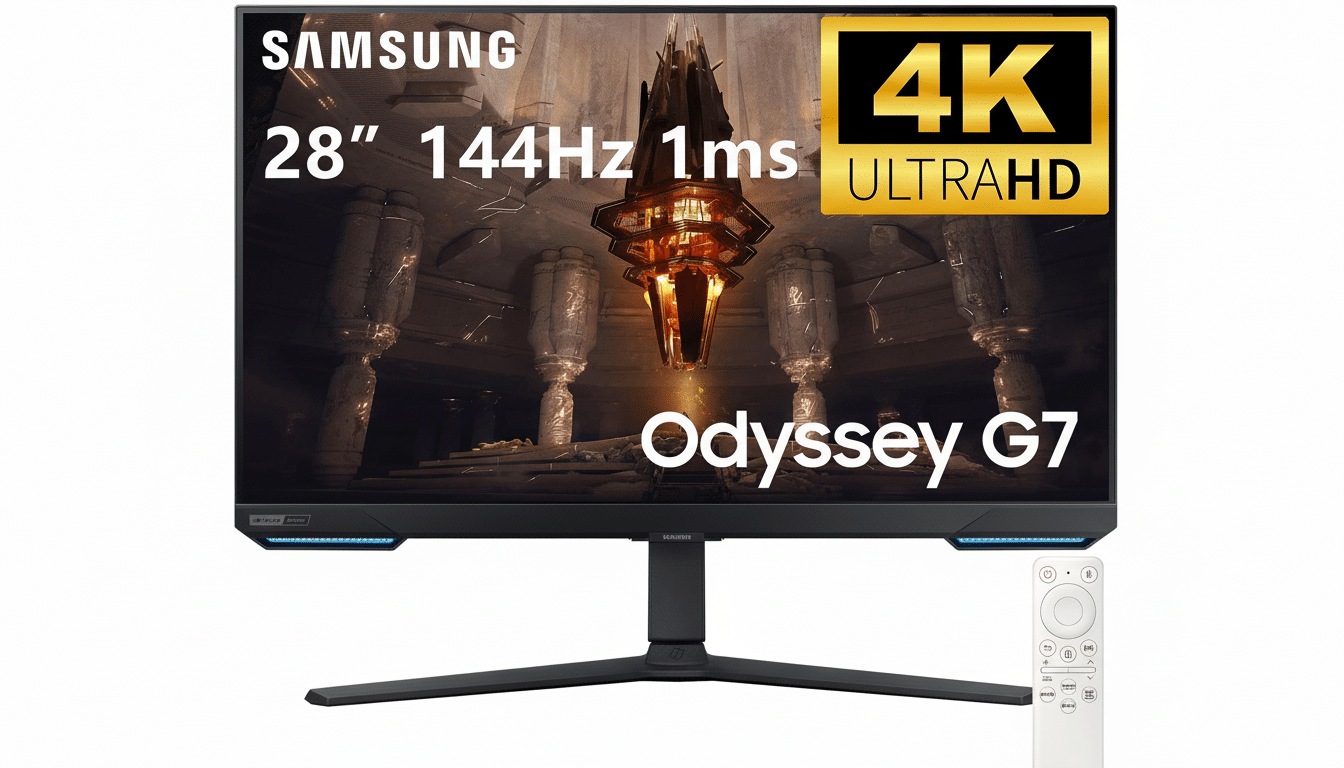 A professional image of the Samsung 28 144Hz 1ms 4K Ultra HD Odyssey G7 gaming monitor with its remote control, presented on a clean white background and resized to a 1 6:9 aspect ratio. Filename : samsungod ysseyg7 monitor. png