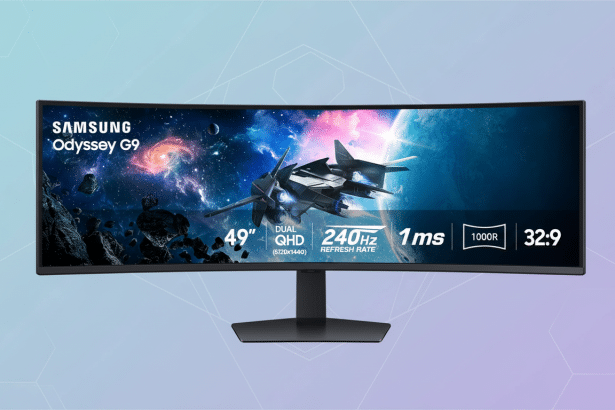 A Samsung Odyssey G9 curved gaming monitor, displaying a space scene with a futuristic spaceship , against a soft , professional flat design background with subtle geometric patterns and a purple to blue gradient. Filename : samsungod ysseyg9 monitor1 69. png