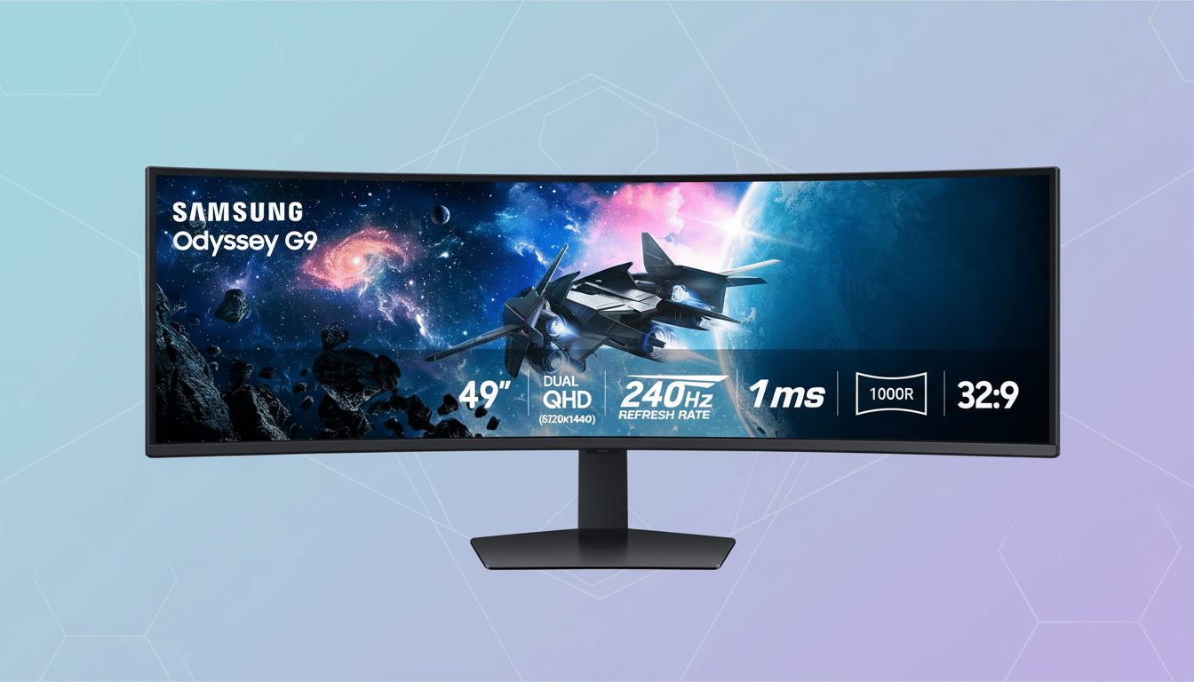 A Samsung Odyssey G9 curved gaming monitor, displaying a space scene with a futuristic spaceship , against a soft , professional flat design background with subtle geometric patterns and a purple to blue gradient. Filename : samsungod ysseyg9 monitor1 69. png