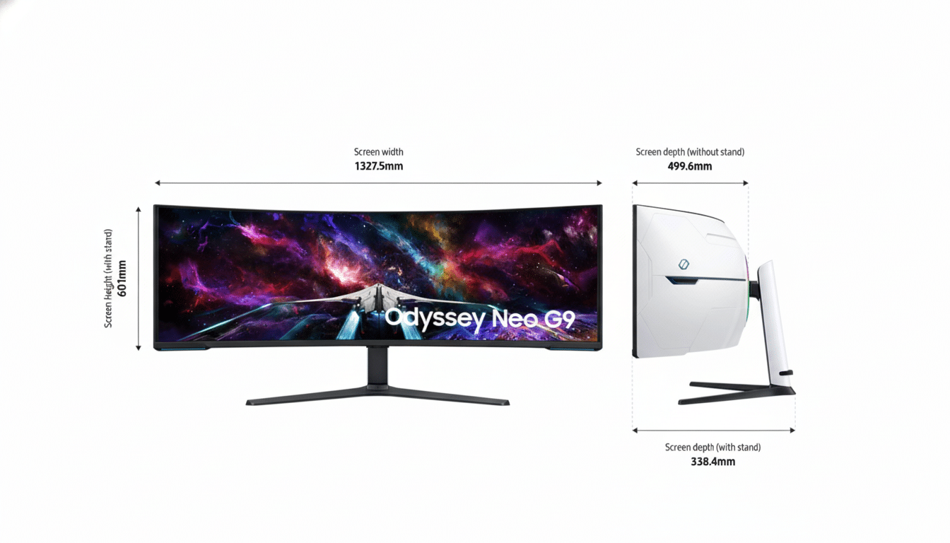 Technical diagram showing the dimensions of a Samsung Odyssey Neo G9 curved gaming monitor from front and side views.