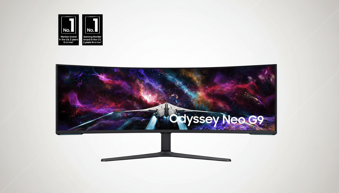A Samsung Odyssey Neo G9 curved gaming monitor with a vibrant space- themed display , set against a soft grey gradient background. Two No. 1 badges are visible in the top left, indicating its top market position.