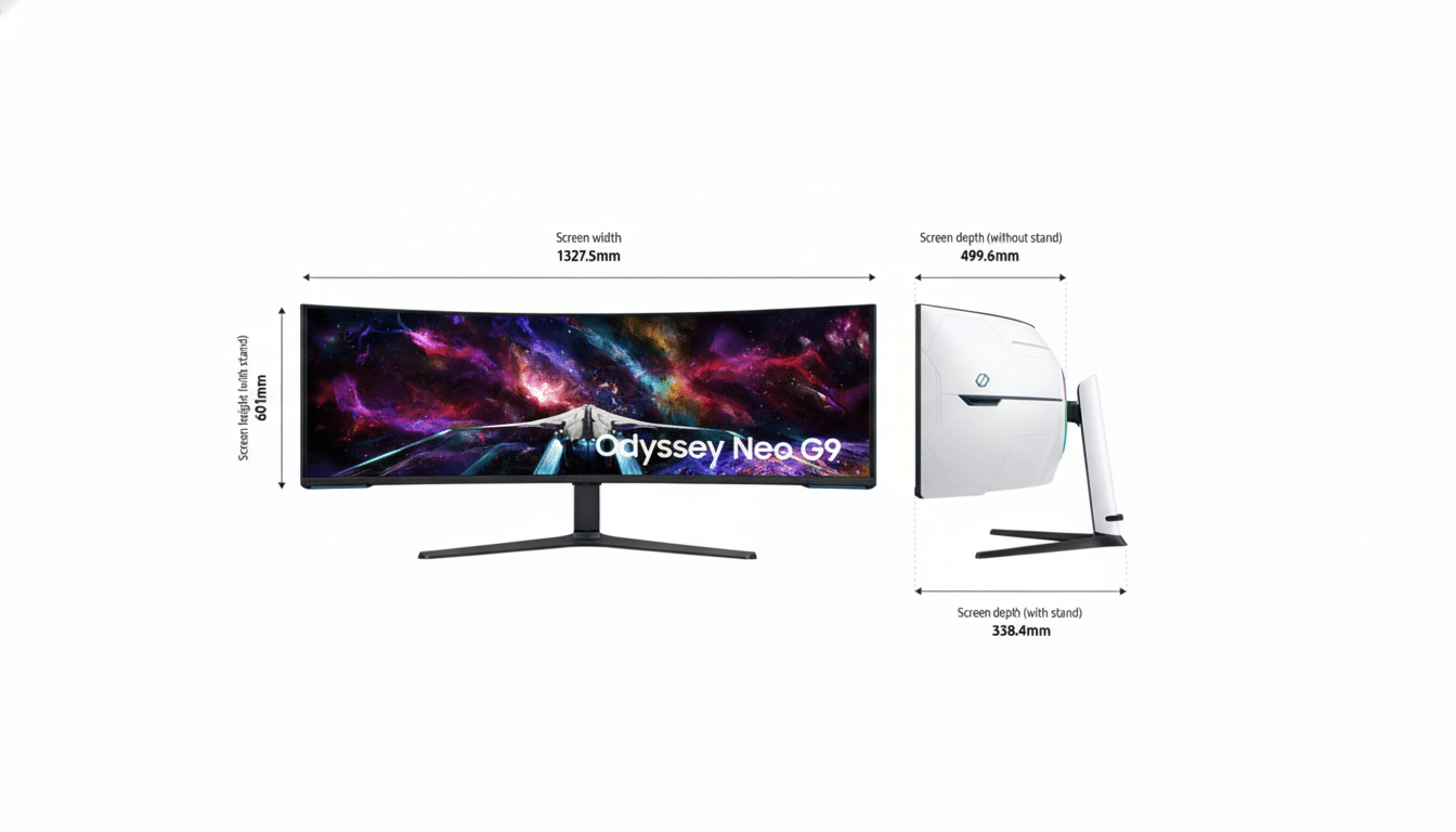 A professional image of the Samsung Odyssey Neo G9 curved gaming monitor, showcasing its front view with a vibrant space- themed wallpaper and a side profile view with dimensions.