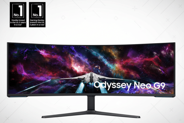 A professional shot of the Samsung Odyssey Neo G9 curved gaming monitor, displaying a vibrant space scene with a spaceship. Two No. 1 badges are at the top left, indicating its top market position. The background is a clean , professional flat design with subtle gray patterns.