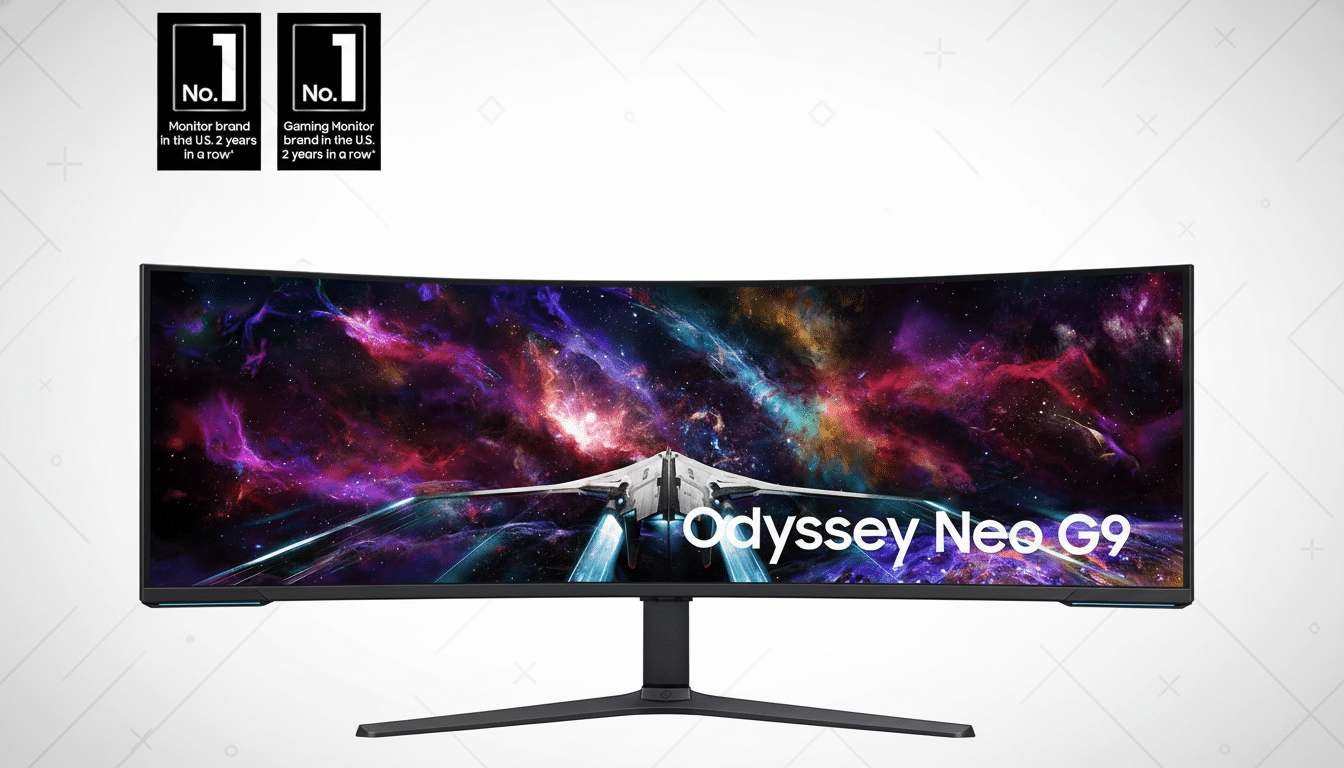 A professional shot of the Samsung Odyssey Neo G9 curved gaming monitor, displaying a vibrant space scene with a spaceship. Two No. 1 badges are at the top left, indicating its top market position. The background is a clean , professional flat design with subtle gray patterns.
