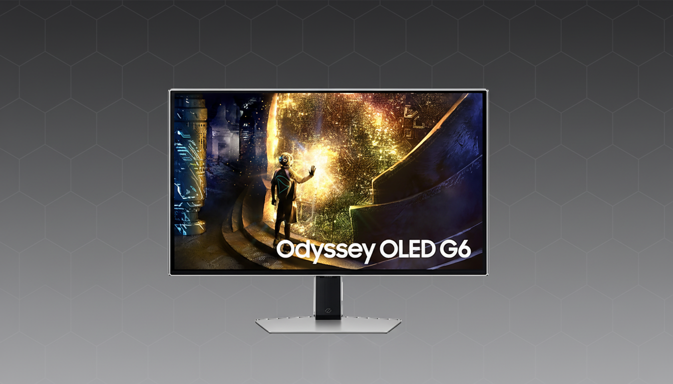 A Samsung Odyssey OLED G6 monitor displaying a vibrant, futuristic scene with a human-like figure, set against a professional gray background with a subtle hexagonal pattern.