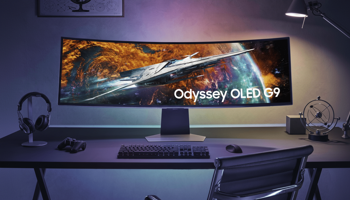 A professional desk setup featuring a curved Samsung Odyssey OLED G9 monitor displaying a spaceship in outer space, with gaming peripherals.