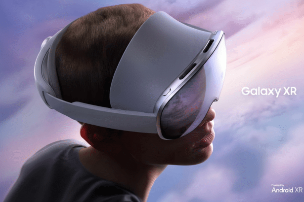 A professional image of a person wearing the Galaxy XR virtual reality headset, with Galaxy XR and Powered by Android XR text visible.