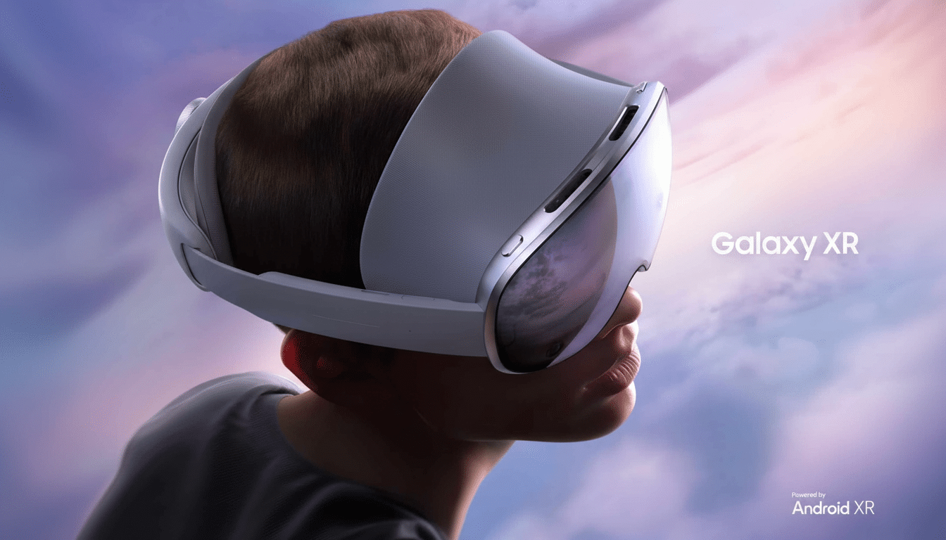 A professional image of a person wearing the Galaxy XR virtual reality headset, with Galaxy XR and Powered by Android XR text visible.