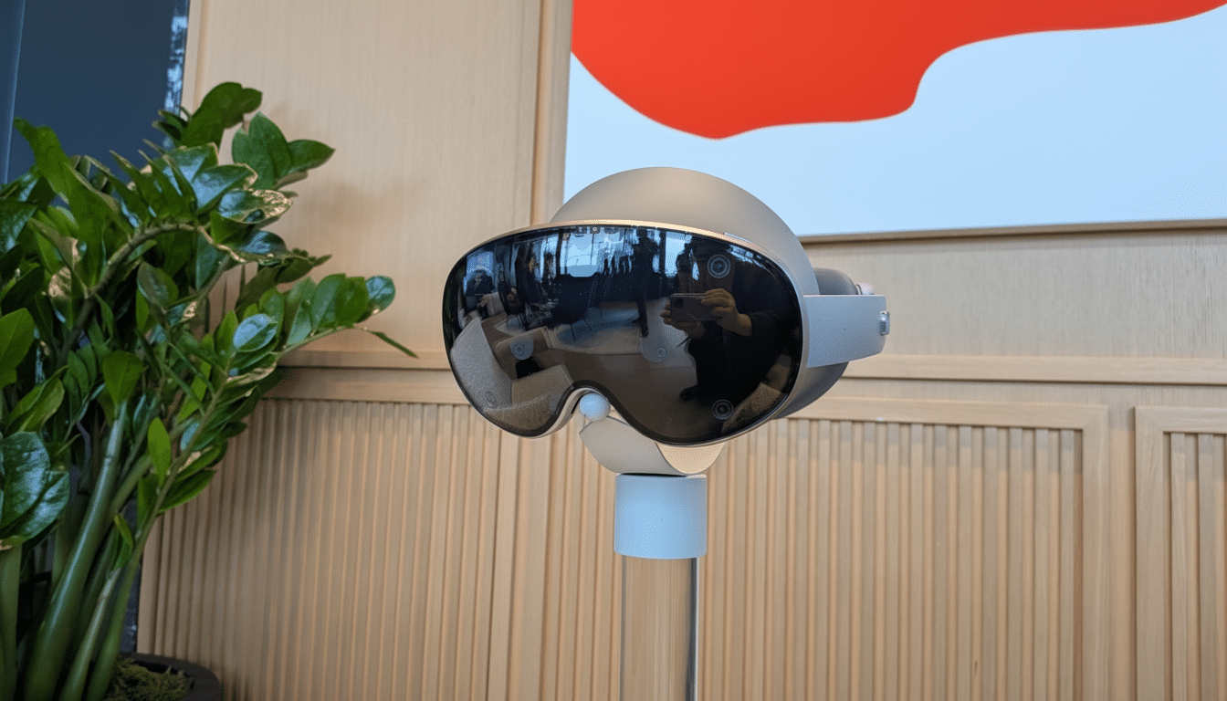 A grey virtual reality headset with reflective lenses sits on a stand in a room with wood paneling and a plant. Filename : vr headset professional. png