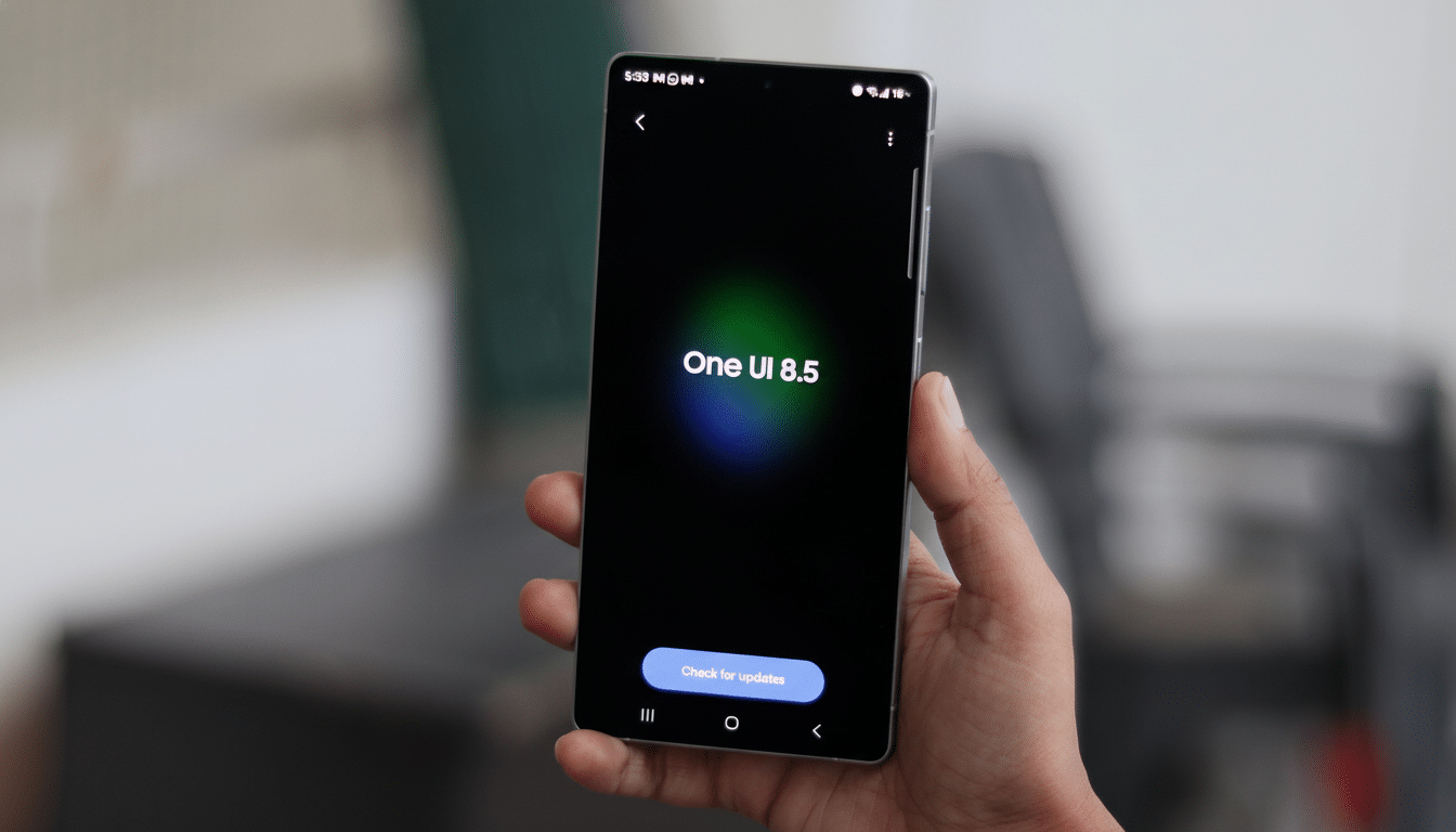 A hand holding a Samsung smartphone displaying One UI 8.5 on a dark screen with a Check for updates button.
