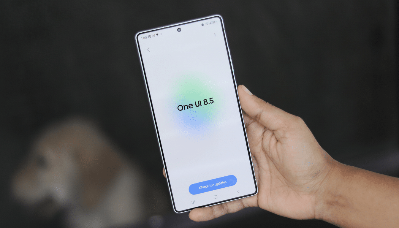 A hand holding a smartphone displaying  One UI 8 .5 and a Check for updates button on the screen.