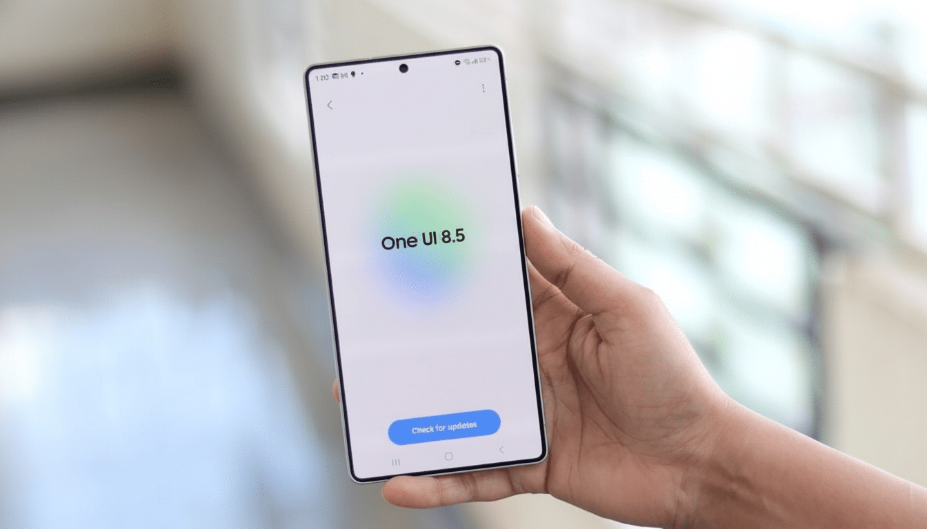 A hand holding a smartphone displaying the One UI 8.5 update screen with a Check for updates button.