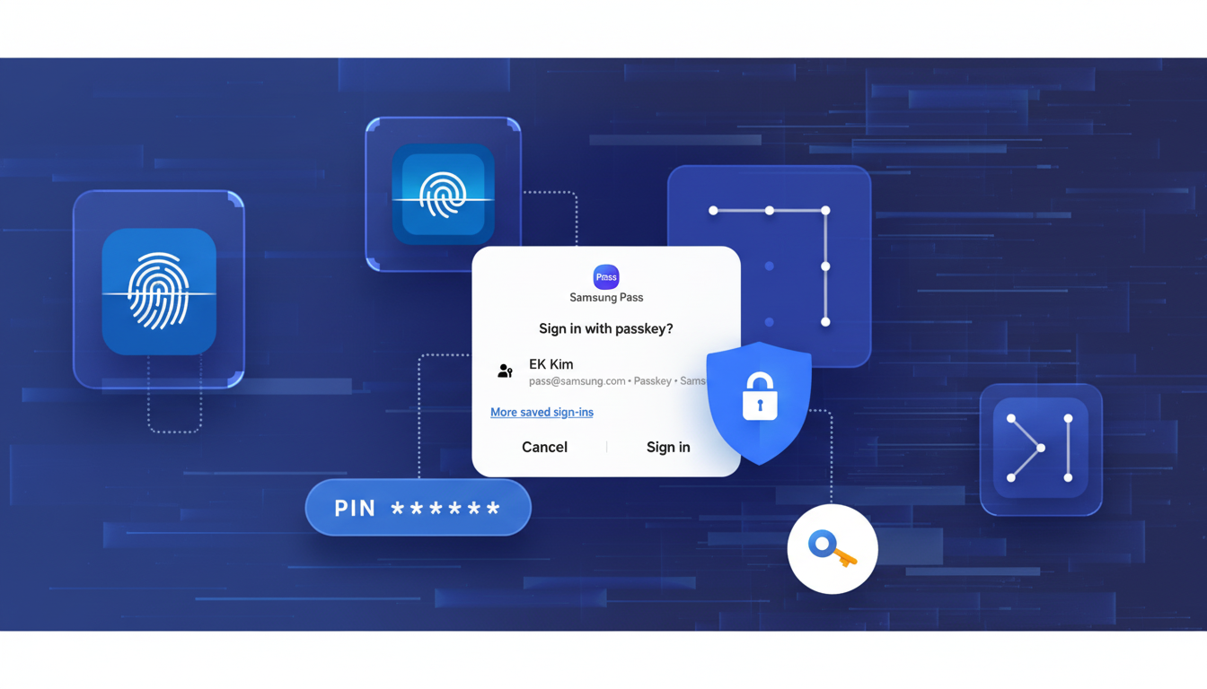 A digital interface showing a Sign in with passkey? prompt from Samsung Pass, with options for EK Kim, Cancel, and Sign in. Surrounding elements include icons for fingerprint recognition, a pattern lock, a shield with a padlock, a key, and a PIN entry field, all against a blue background with a network-like pattern.