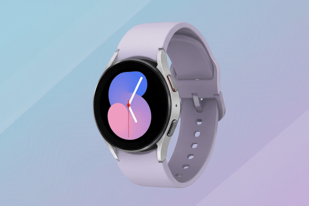 A Samsung Galaxy Watch 5 with a lavender strap and a circular digital display showing a stylized time interface in blue and pink, set against a professional flat design background with soft blue and purple gradients and subtle wave patterns. Filename : samsunggalaxy watch5 lavender. png