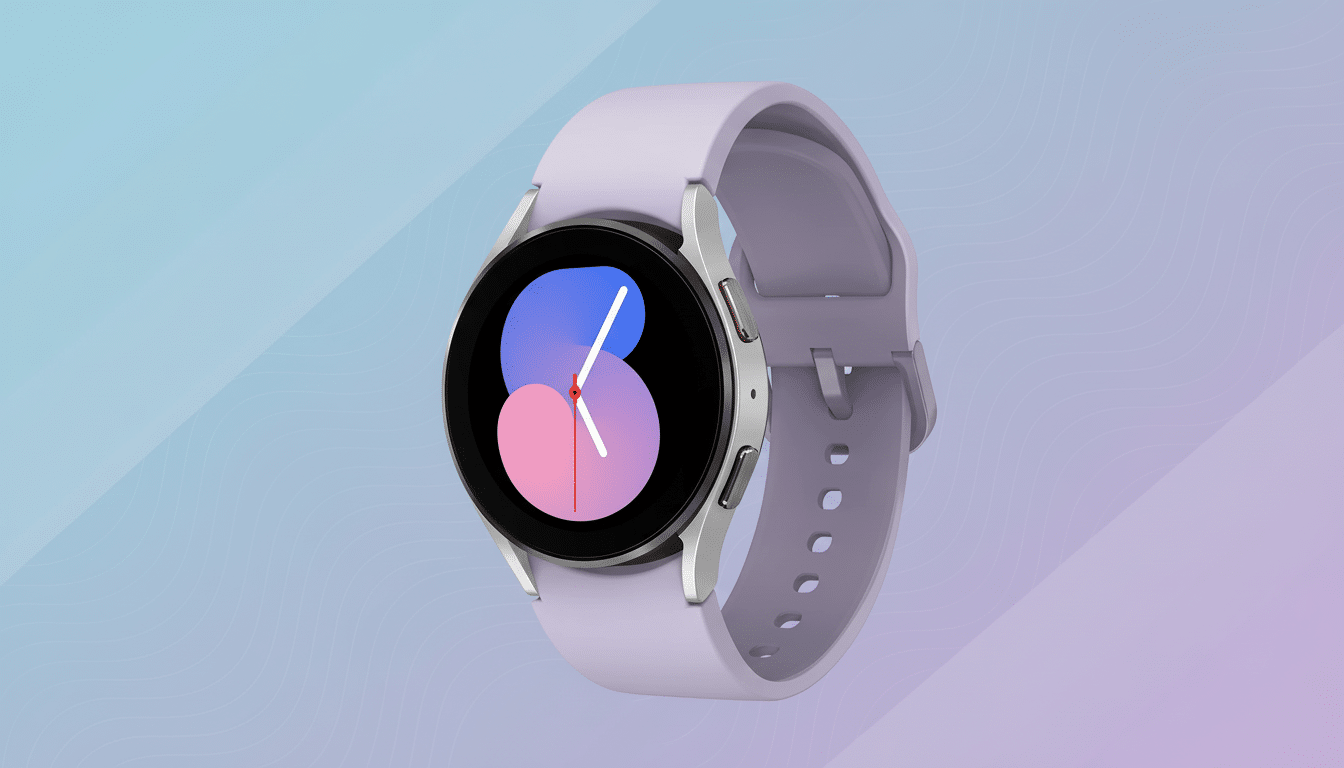 A Samsung Galaxy Watch 5 with a lavender strap and a circular digital display showing a stylized time interface in blue and pink, set against a professional flat design background with soft blue and purple gradients and subtle wave patterns. Filename : samsunggalaxy watch5 lavender. png