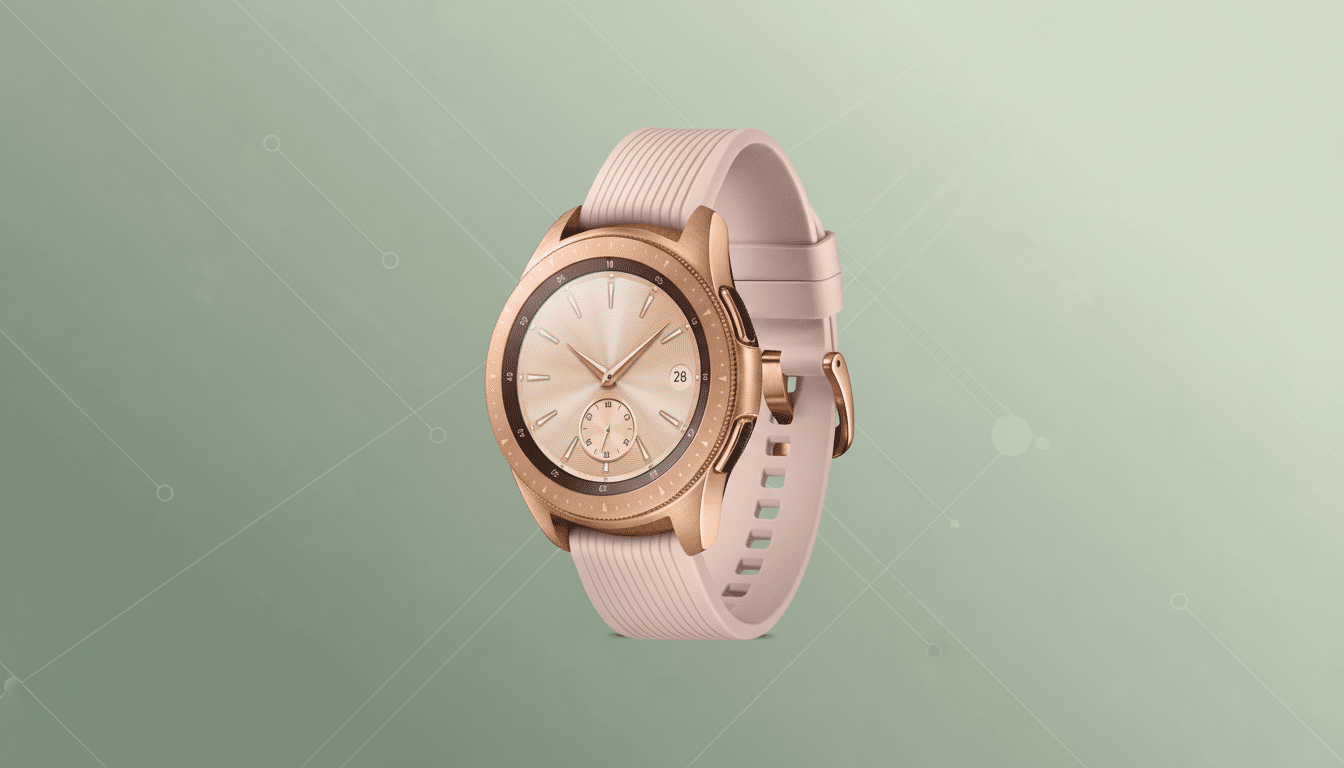 A professional photo of a rose gold smartwatch with a light pink band , set against a subtle green g