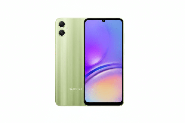 A professional shot of a light green Samsung smartphone, showing both the front display with a colorful abstract background and the textured back casi