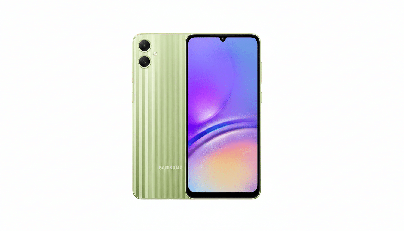 A professional shot of a light green Samsung smartphone, showing both the front display with a colorful abstract background and the textured back casi