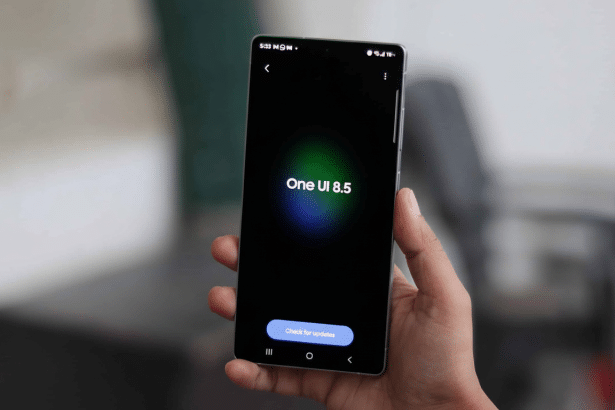 A hand holding a Samsung phone displaying One UI 8 .5 and a Check for updates button on a black screen.
