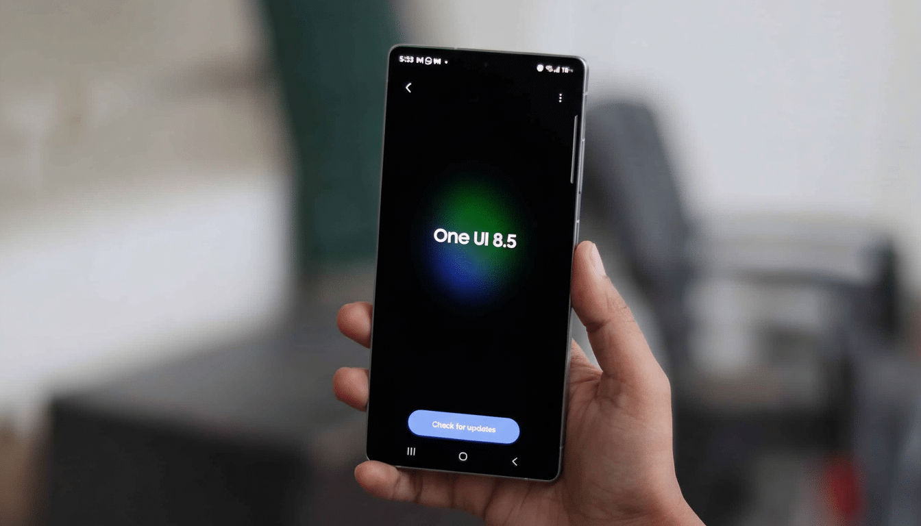 A hand holding a Samsung phone displaying One UI 8 .5 and a Check for updates button on a black screen.