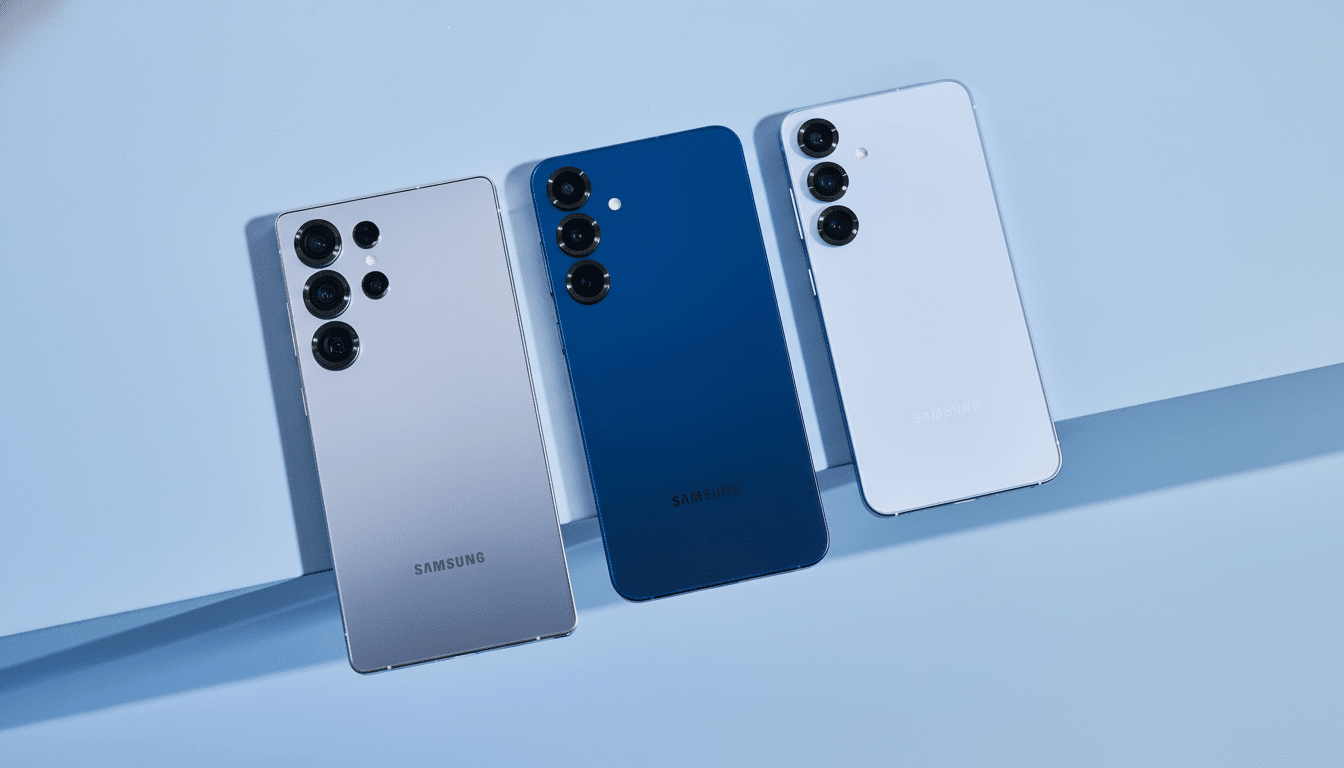 Three Samsung smartphones, one grey, one blue, and one light purple, arranged diagonally on a light blue background.