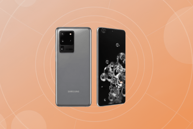 Two Samsung phones , one showing the back with a camera array and the other showing the front screen with bubbles, presented on a soft peach -colored background with subtle circular patterns. Filename : samsungphones professionaldisplay .png