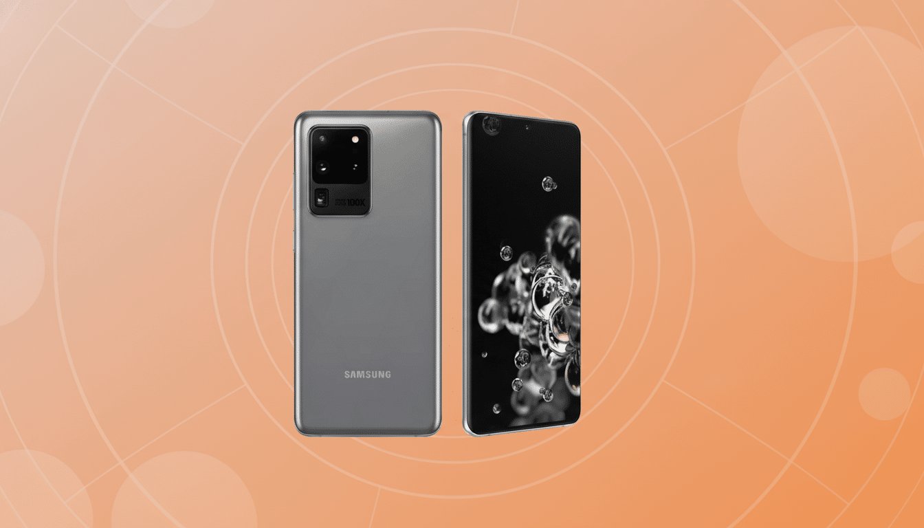 Two Samsung phones , one showing the back with a camera array and the other showing the front screen with bubbles, presented on a soft peach -colored background with subtle circular patterns. Filename : samsungphones professionaldisplay .png