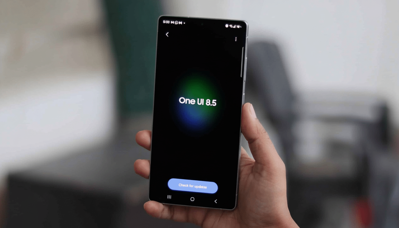 A hand holding a Samsung phone displaying One UI 8.5 on the screen.