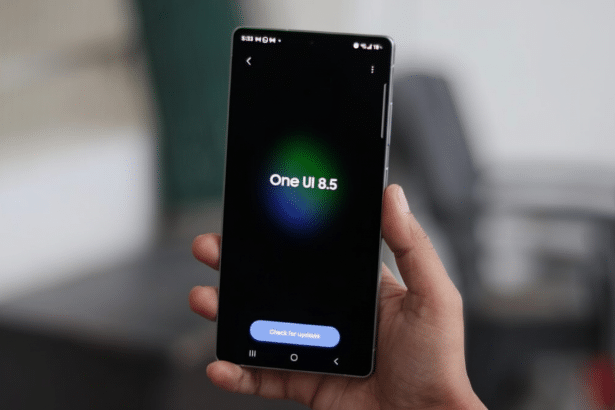 A hand holding a smartphone displaying One UI 8.5 on a dark screen with a Check for updates button. Filename : oneui 8. 5update . png