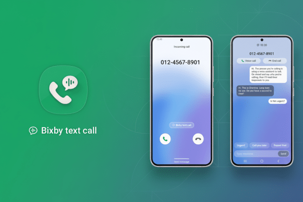 Two smartphones displaying Bixby text call features on a green background.