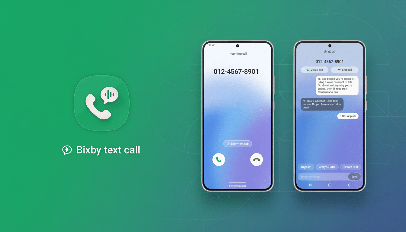 Two smartphones displaying Bixby text call features on a green background.