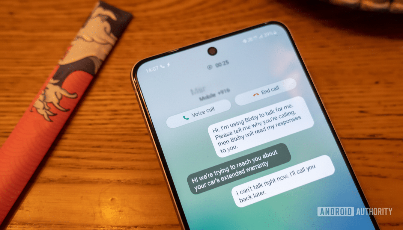 A close -up shot of a smartphone screen displaying a Bixby text - to-speech interaction with an unknown caller regarding a cars extended warranty.