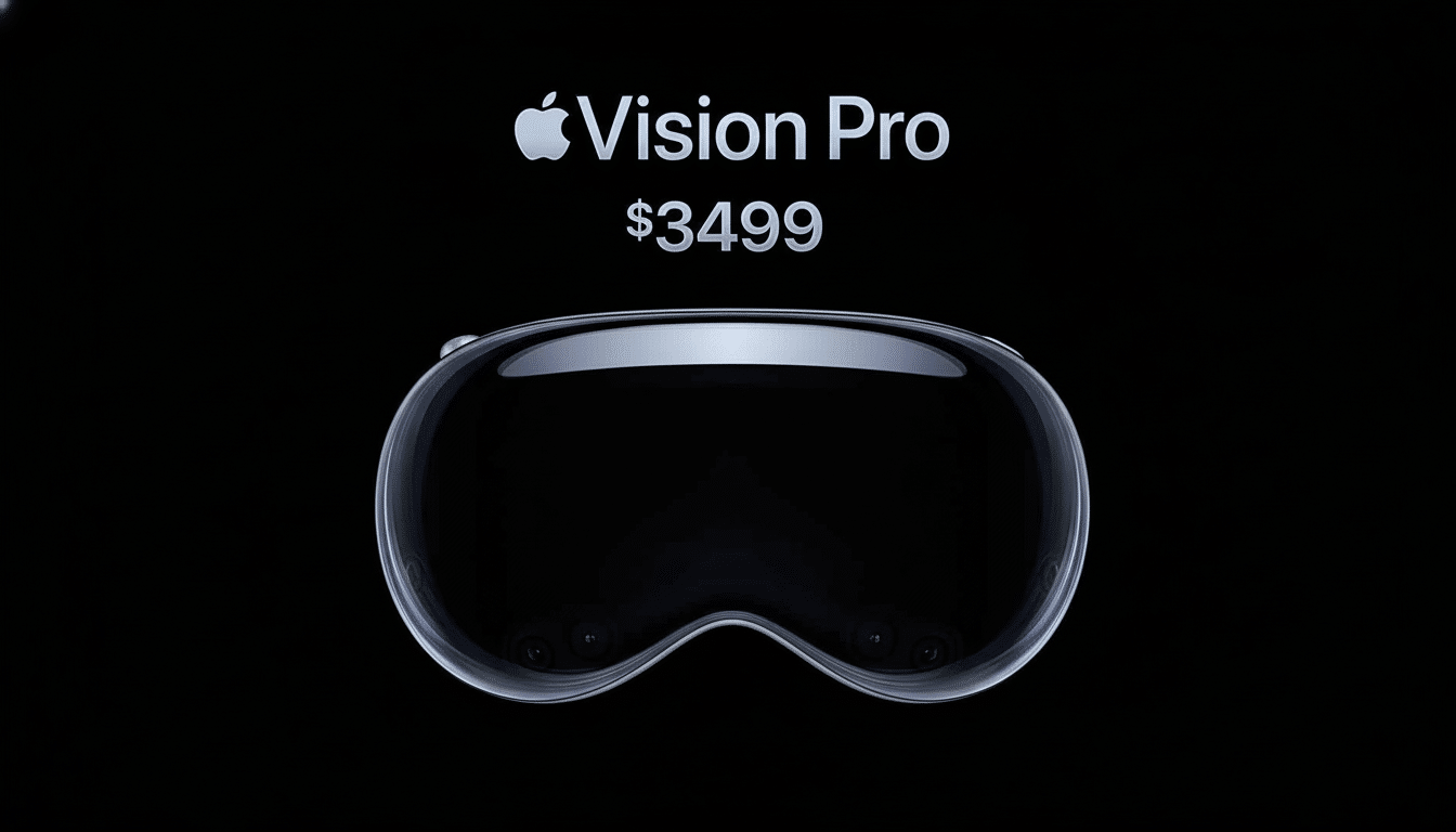 The Apple Vision Pro headset, priced at  499, displayed against a black background with the Apple logo and product name. Filename : applevision prohead set. png