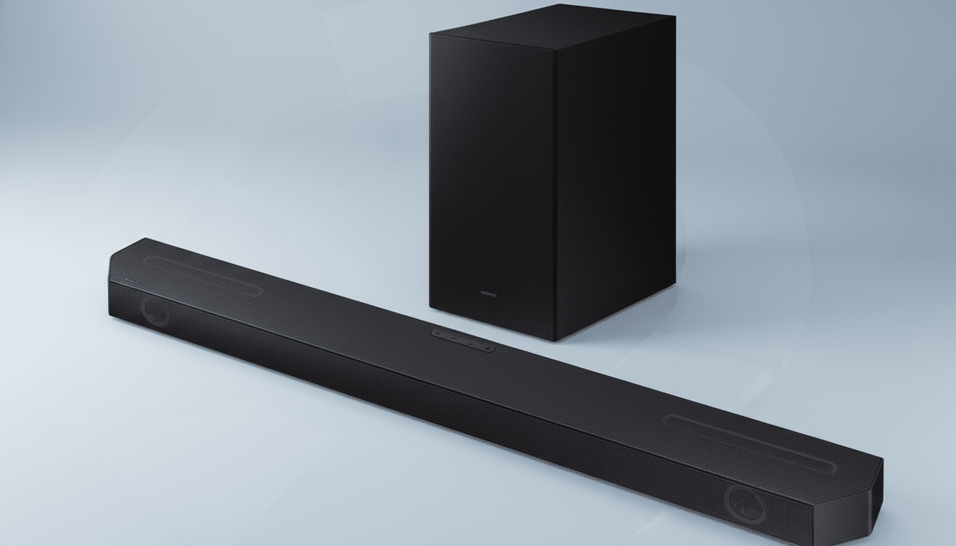 A black sound bar and subwoofer set , enhanced with a professional flat design background in a 16:9 aspect ratio.