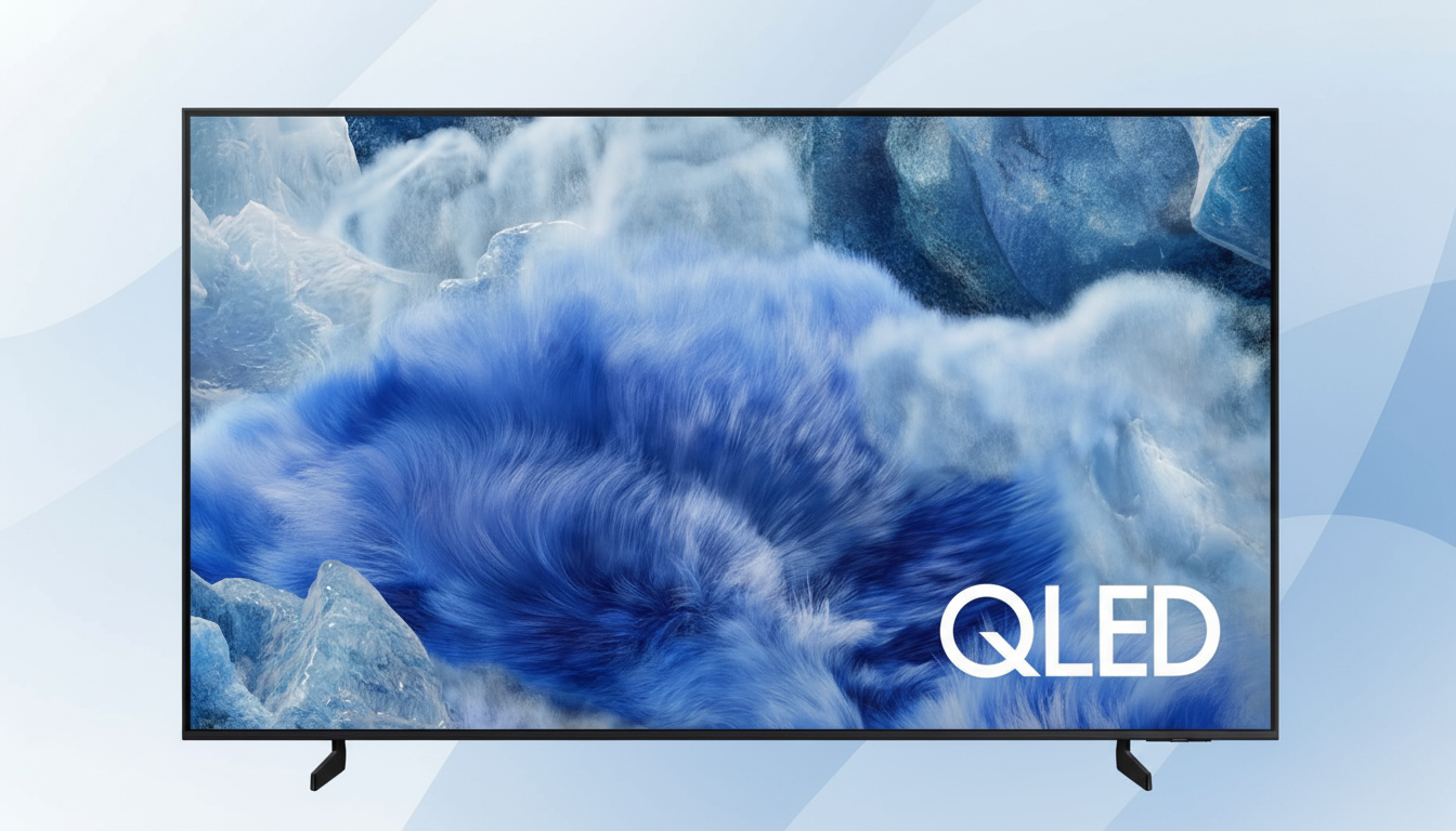 A QLED television displaying a vibrant blue and white abstract image, set against a professional light blue background with subtle wave patterns.