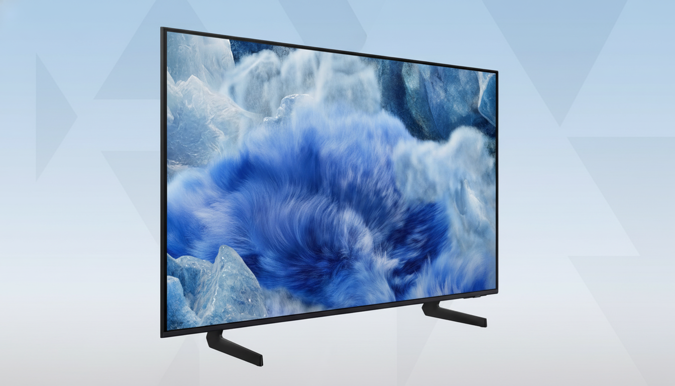 A modern black television displaying a blue and white abstract image, set against a professional light blue background with subtle geometric patterns.