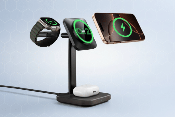 A professional image of a 3 -in-1 wireless charging stand, displaying an Apple Watch , a smartphone , and AirPods all simultaneously charging. The background is a soft blue gradient with a subtle geometric pattern. Filename : 3in 1wireless charger professional. png