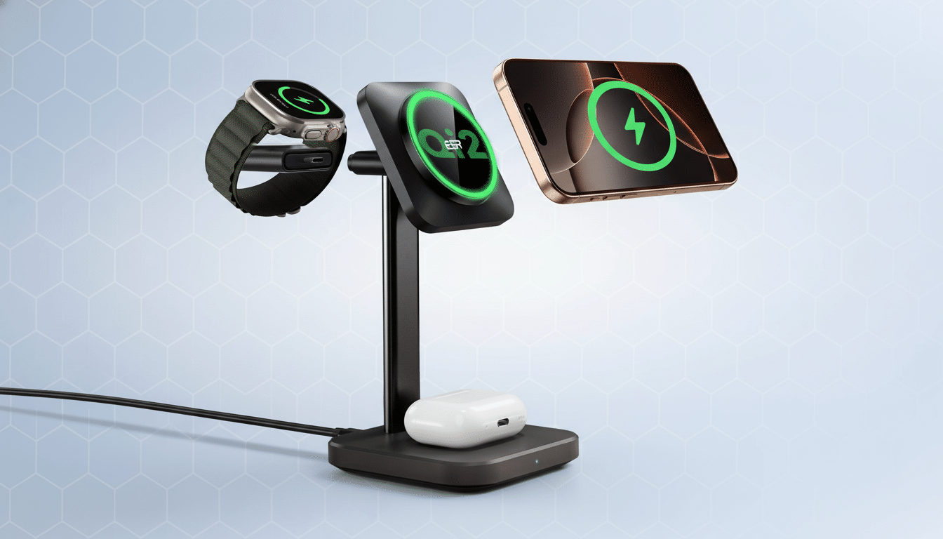 A professional image of a 3 -in-1 wireless charging stand, displaying an Apple Watch , a smartphone , and AirPods all simultaneously charging. The background is a soft blue gradient with a subtle geometric pattern. Filename : 3in 1wireless charger professional. png