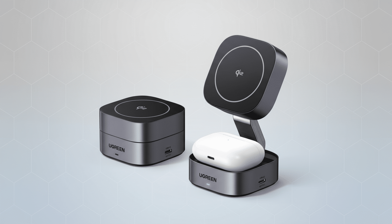 A UGREEN wireless charging station for mobile devices, presented in two configurations on a flat, patterned professional background. One is a compact square charger , and the other is an elevated charger with a small white earbuds case charging on its base. Filename : ugreen wirelesscharger 16x 9. png