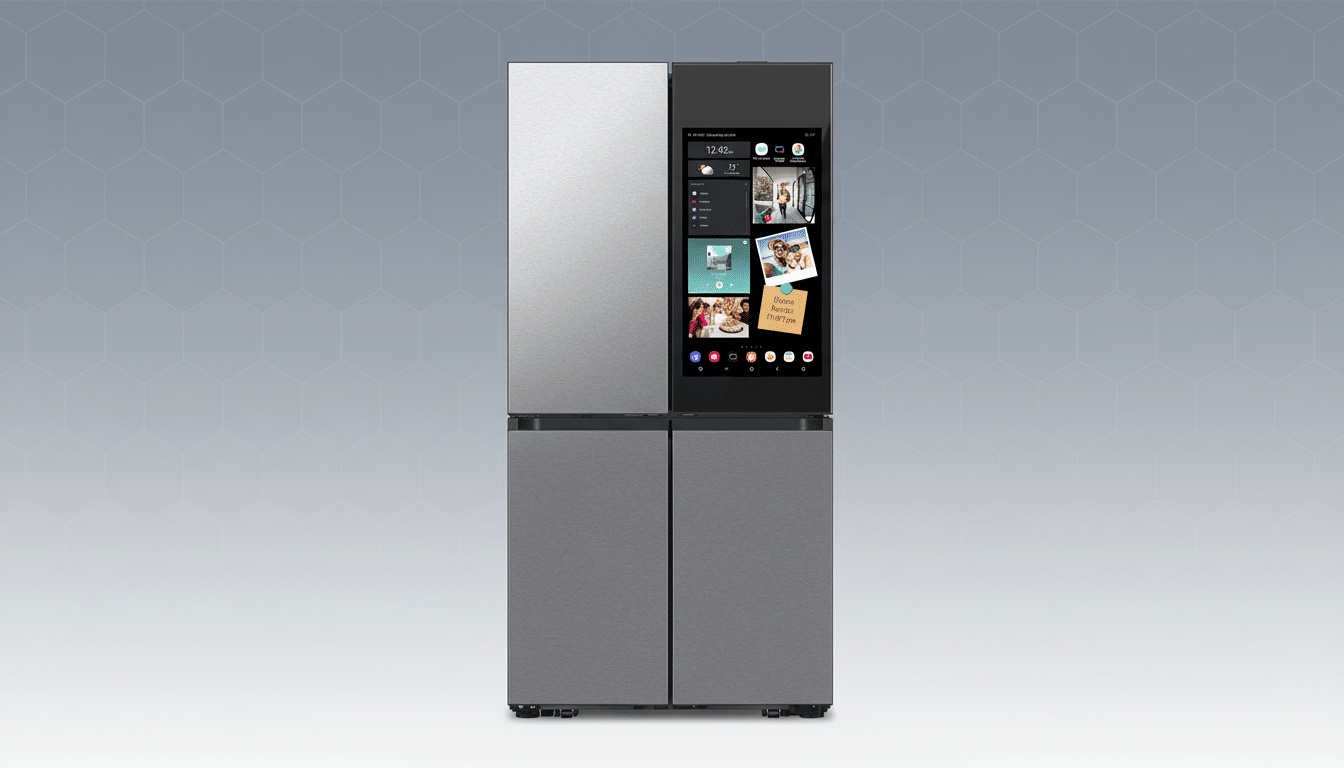 A modern Samsung refrigerator with a smart screen , presented on a subtle grey geometric pattern background. Filename : samsungre frigeratorsmart screen.png