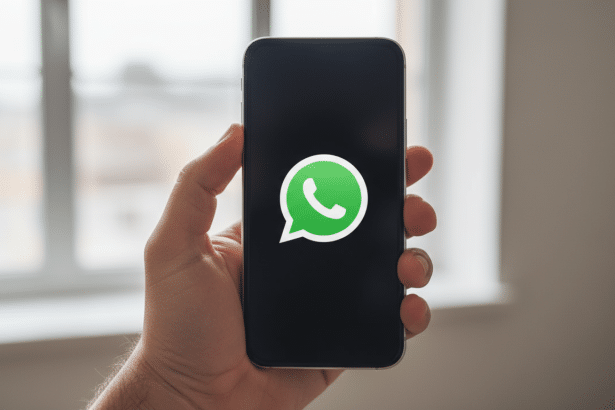 WhatsApp is installed on the screen of a modern smartphone, held by a hand.