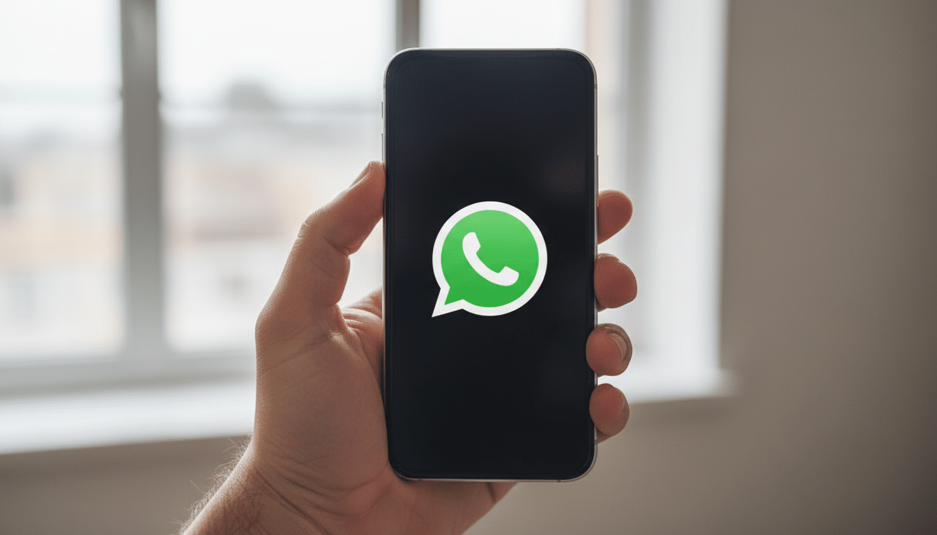 WhatsApp is installed on the screen of a modern smartphone, held by a hand.